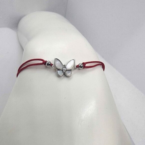 Butterfly Bracelet – 925 Sterling Silver,White Opal Charm, Adjustable Red String - Picture 1 of 3